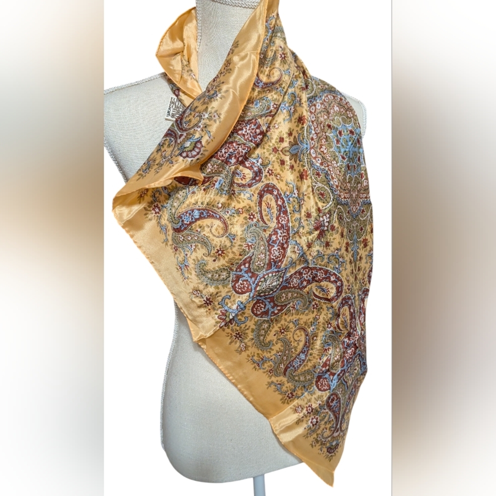 ECHO New York Multi-Color Paisley Silk Scarf, Butter Yellow, Rust, Blue, NWT!